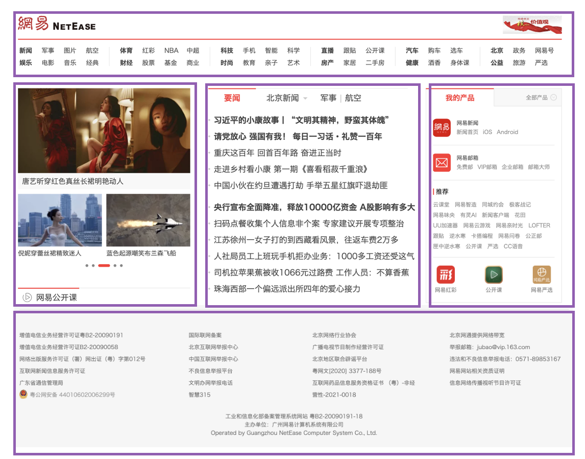 网易首页采用了标准的圣杯布局